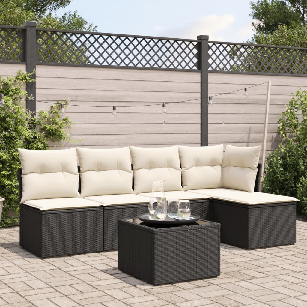 6-tlg. Garten-Sofagarnitur mit Kissen Schwarz Poly Rattan 6-tlg. Garten-Sofagarnitur mit Kissen Schwarz Poly Rattan