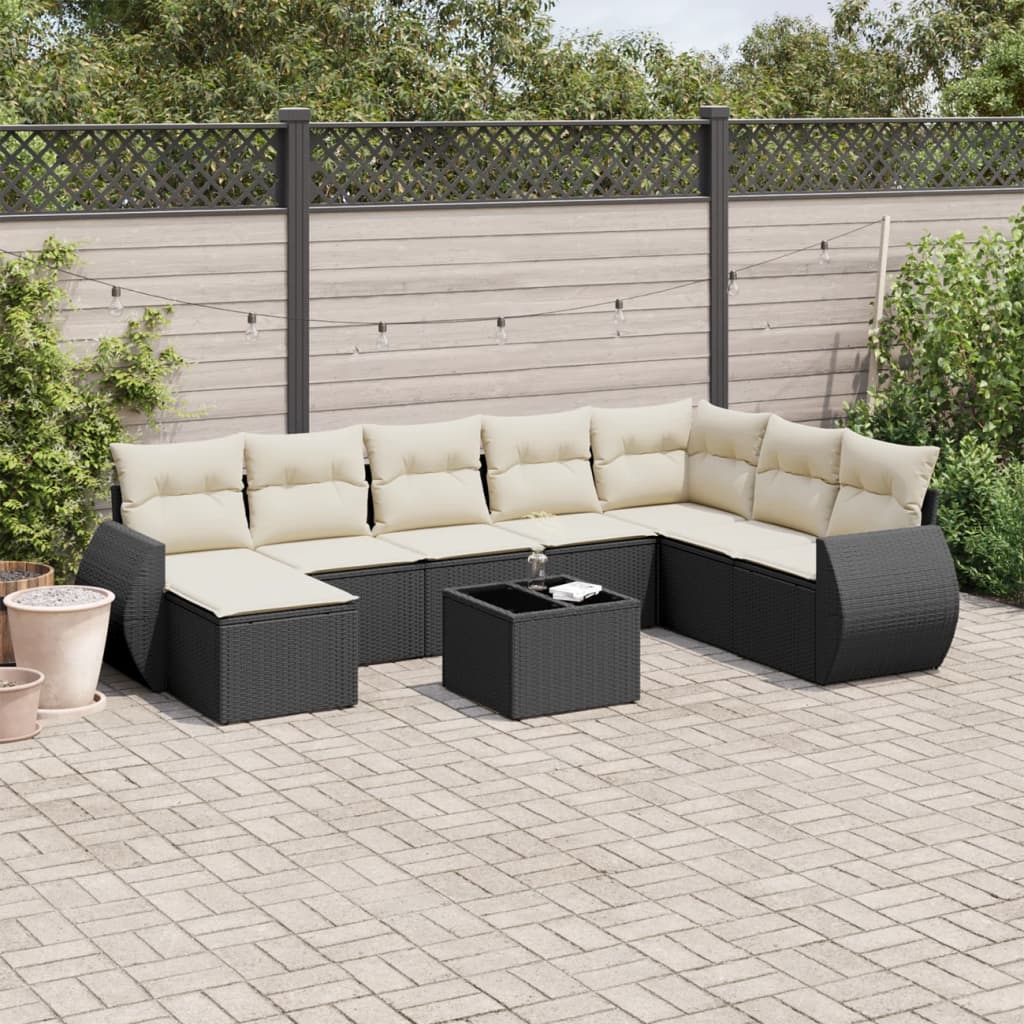 9-tlg. Garten-Sofagarnitur mit Kissen Schwarz Poly Rattan 9-tlg. Garten-Sofagarnitur mit Kissen Schwarz Poly Rattan