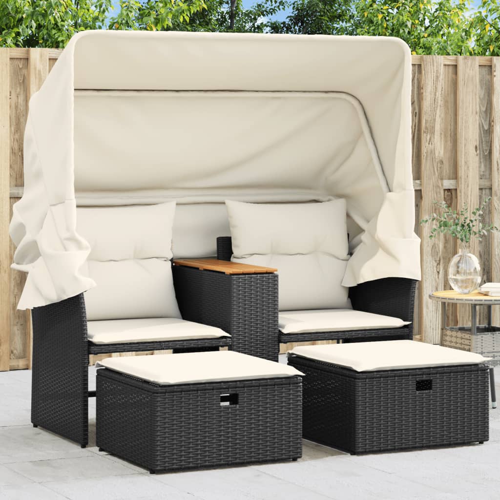 Gartensofa 2-Sitzer mit Dach und Hockern Schwarz Poly Rattan Gartensofa 2-Sitzer mit Dach und Hockern Schwarz Poly Rattan