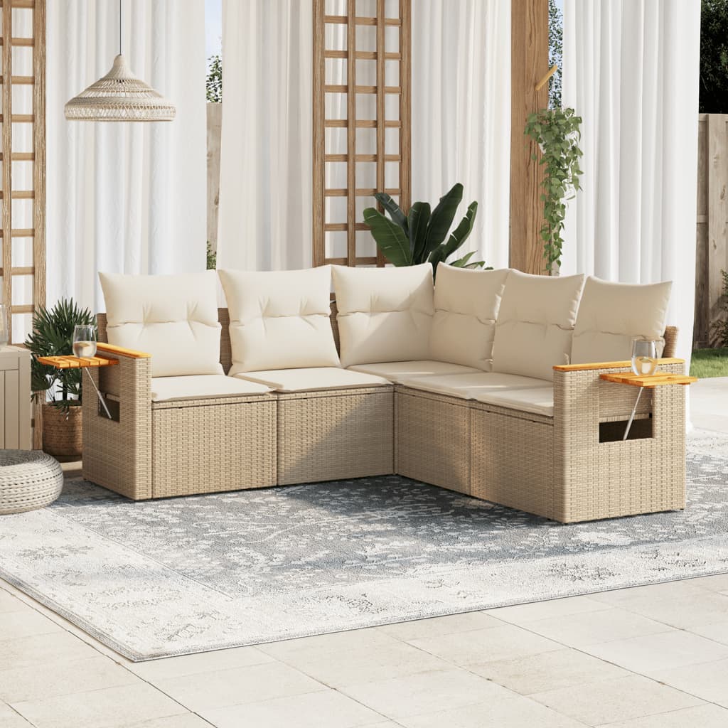 5-tlg. Garten-Sofagarnitur mit Kissen Beige Poly Rattan 5-tlg. Garten-Sofagarnitur mit Kissen Beige Poly Rattan