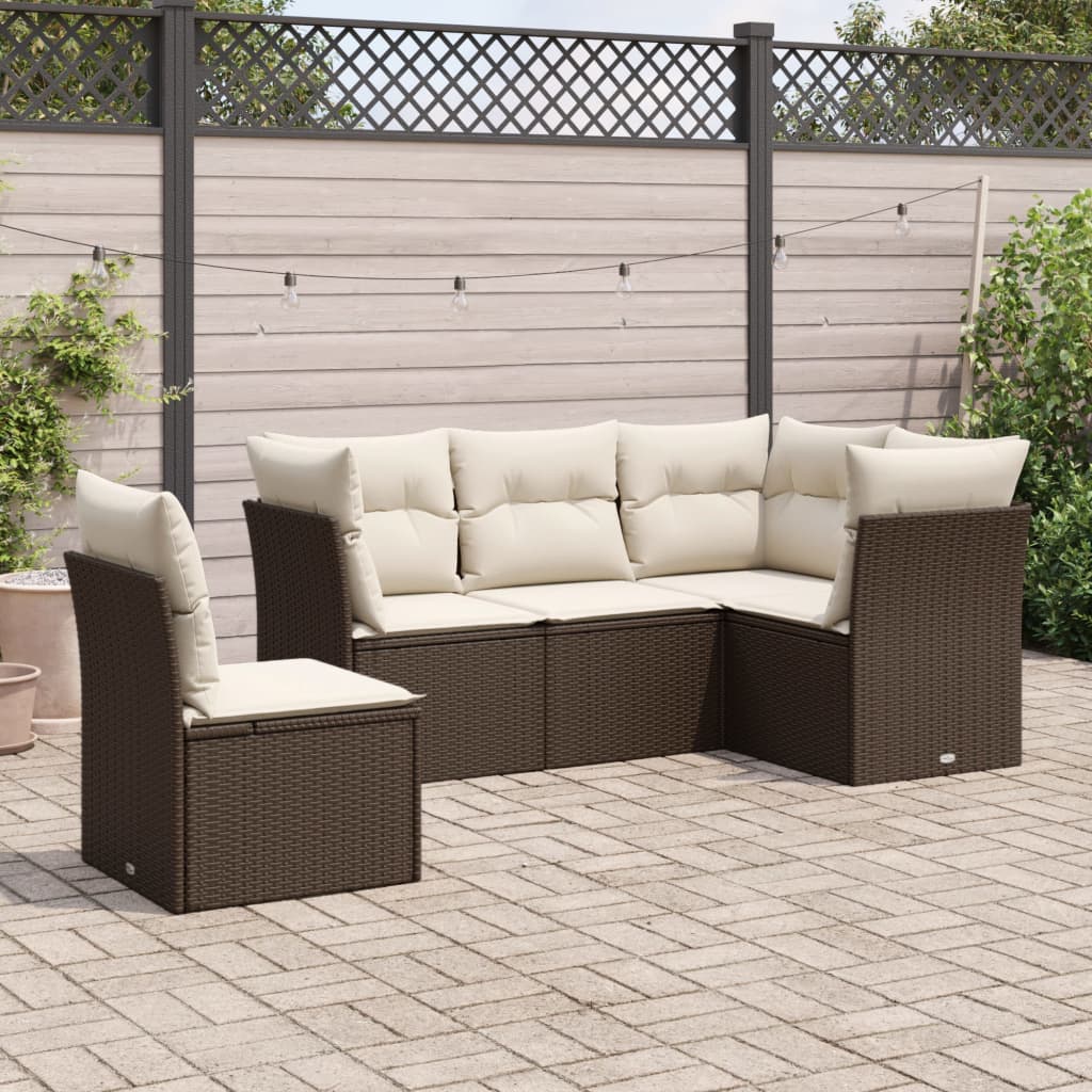 5-tlg. Garten-Sofagarnitur mit Kissen Braun Poly Rattan 5-tlg. Garten-Sofagarnitur mit Kissen Braun Poly Rattan