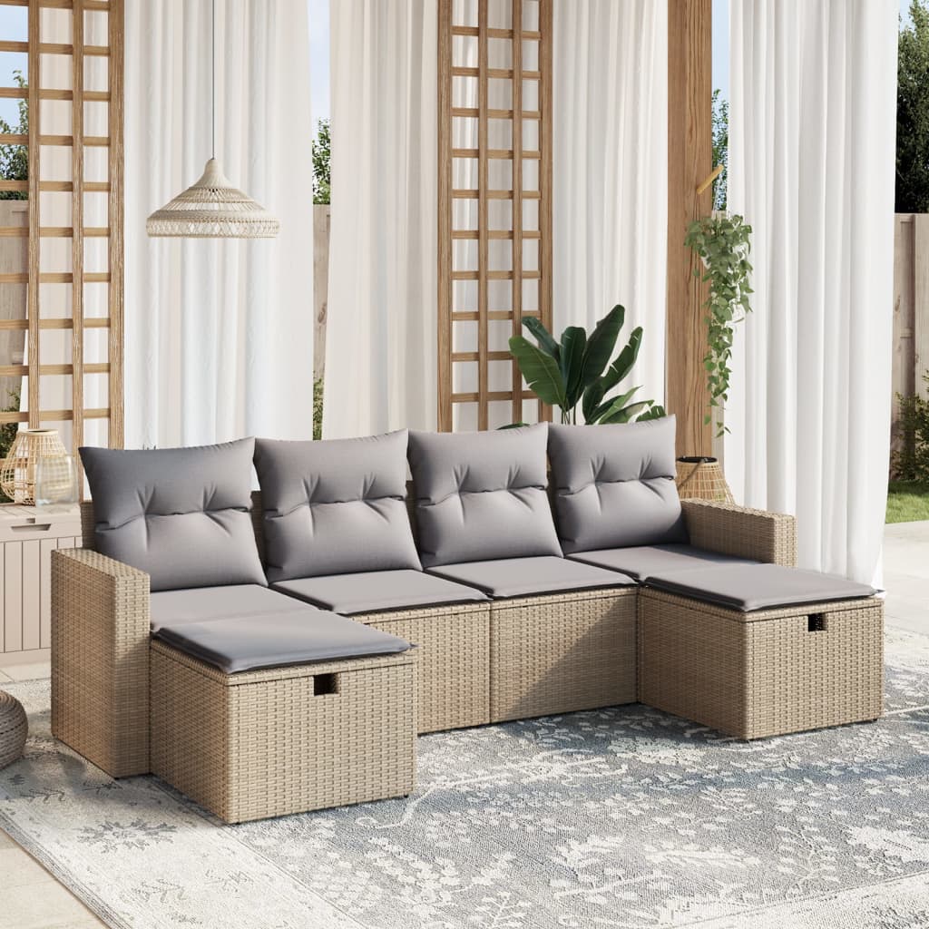 6-tlg. Garten-Sofagarnitur mit Kissen Beige Poly Rattan 6-tlg. Garten-Sofagarnitur mit Kissen Beige Poly Rattan