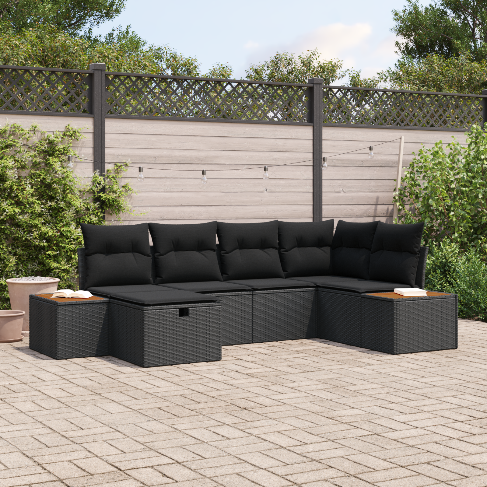 6-teiliges Garten Sofa Set mit Kissen Schwarz Poly Rattan 6-teiliges Garten Sofa Set mit Kissen Schwarz Poly Rattan
