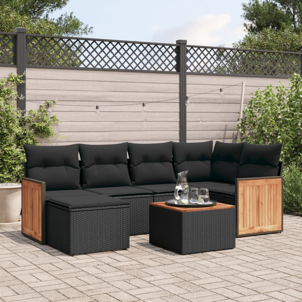 7-tlg. Garten-Sofagarnitur mit Kissen Schwarz Poly Rattan 7-tlg. Garten-Sofagarnitur mit Kissen Schwarz Poly Rattan