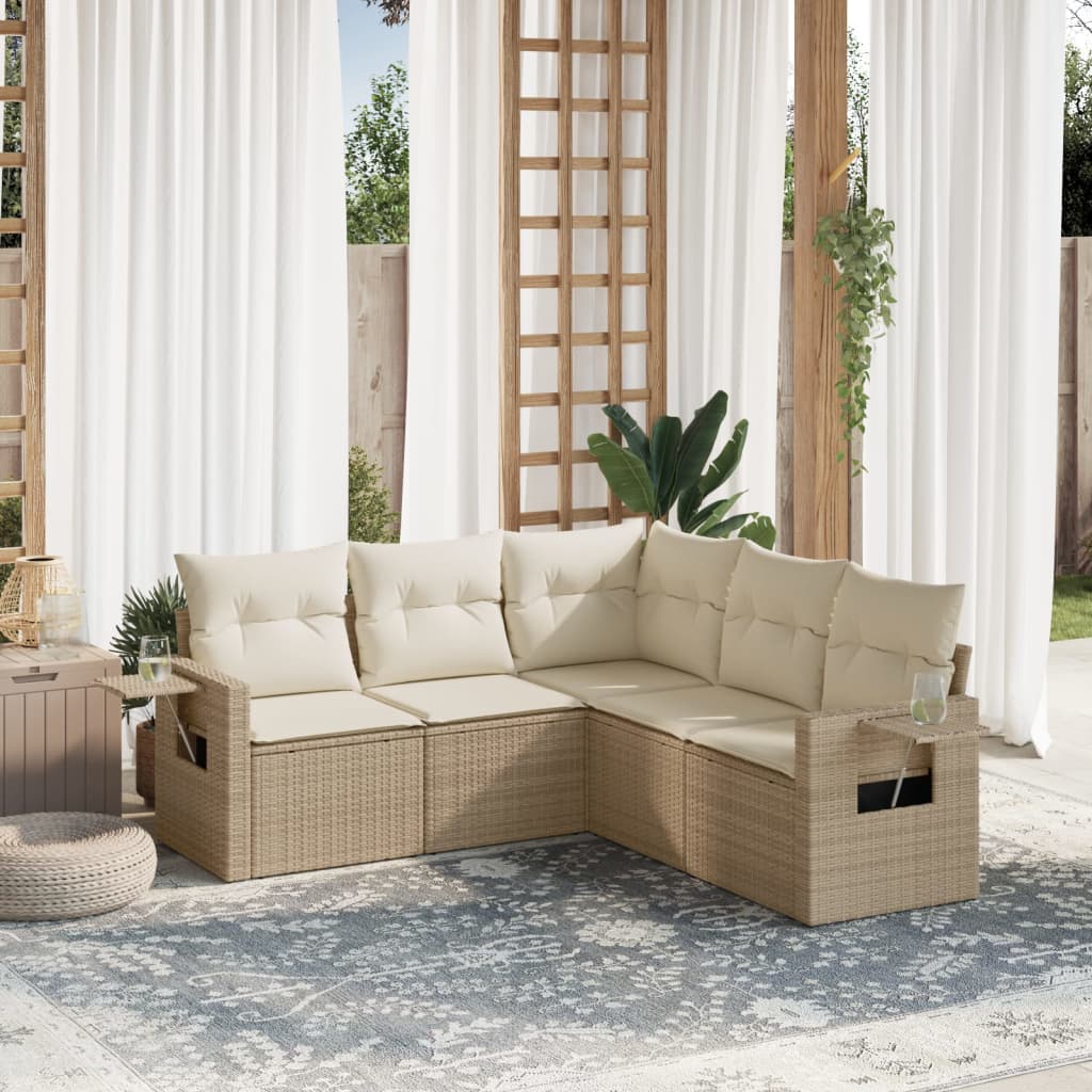 5-tlg. Garten-Sofagarnitur mit Kissen Beige Poly Rattan 5-tlg. Garten-Sofagarnitur mit Kissen Beige Poly Rattan