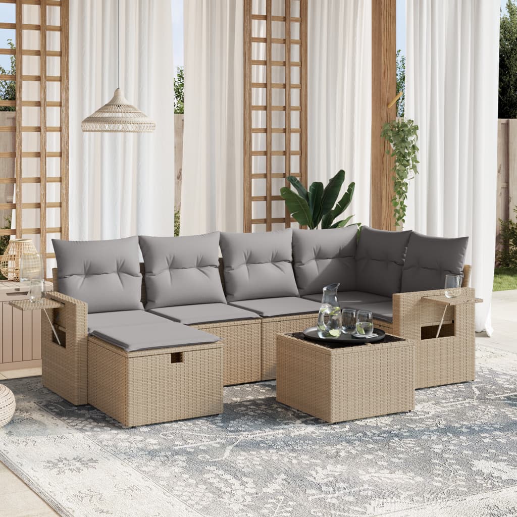 7-tlg. Garten-Sofagarnitur mit Kissen Beige Poly Rattan 7-tlg. Garten-Sofagarnitur mit Kissen Beige Poly Rattan