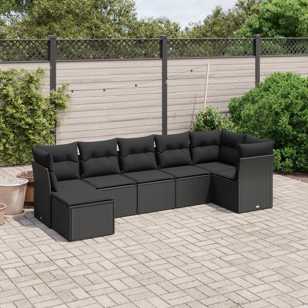 7-tlg. Garten-Sofagarnitur mit Kissen Schwarz Poly Rattan 7-tlg. Garten-Sofagarnitur mit Kissen Schwarz Poly Rattan