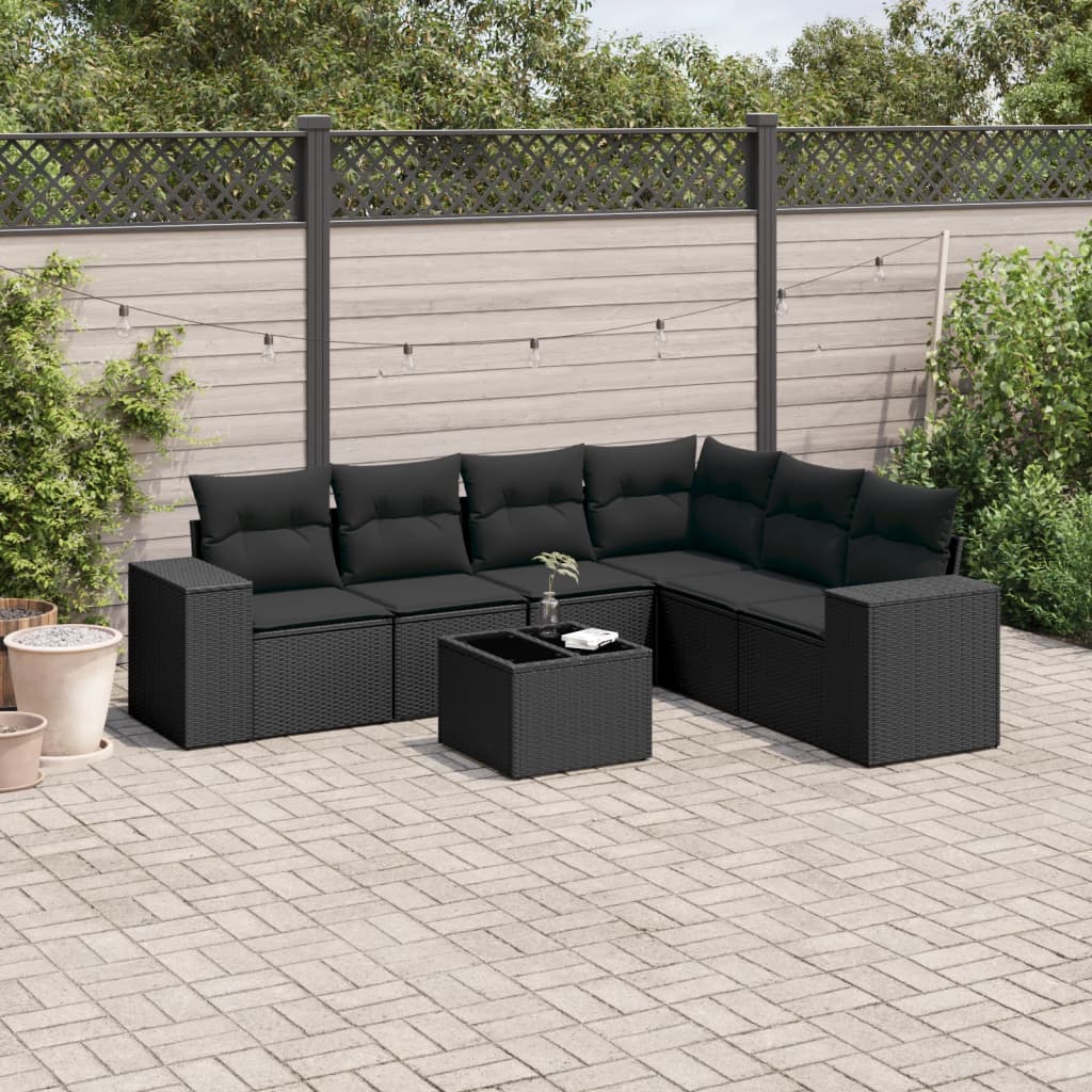 7-tlg. Garten-Sofagarnitur mit Kissen Schwarz Poly Rattan 7-tlg. Garten-Sofagarnitur mit Kissen Schwarz Poly Rattan