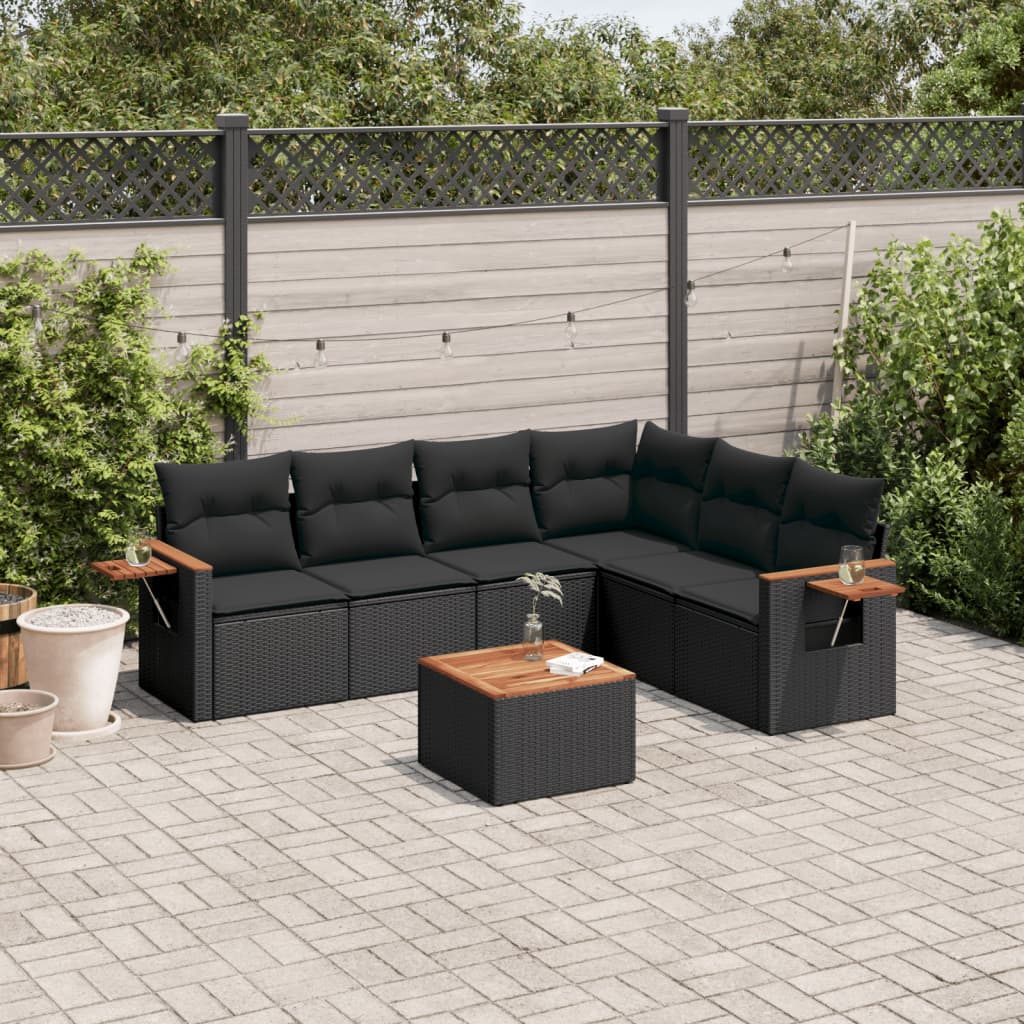 7-tlg. Garten-Sofagarnitur mit Kissen Schwarz Poly Rattan 7-tlg. Garten-Sofagarnitur mit Kissen Schwarz Poly Rattan