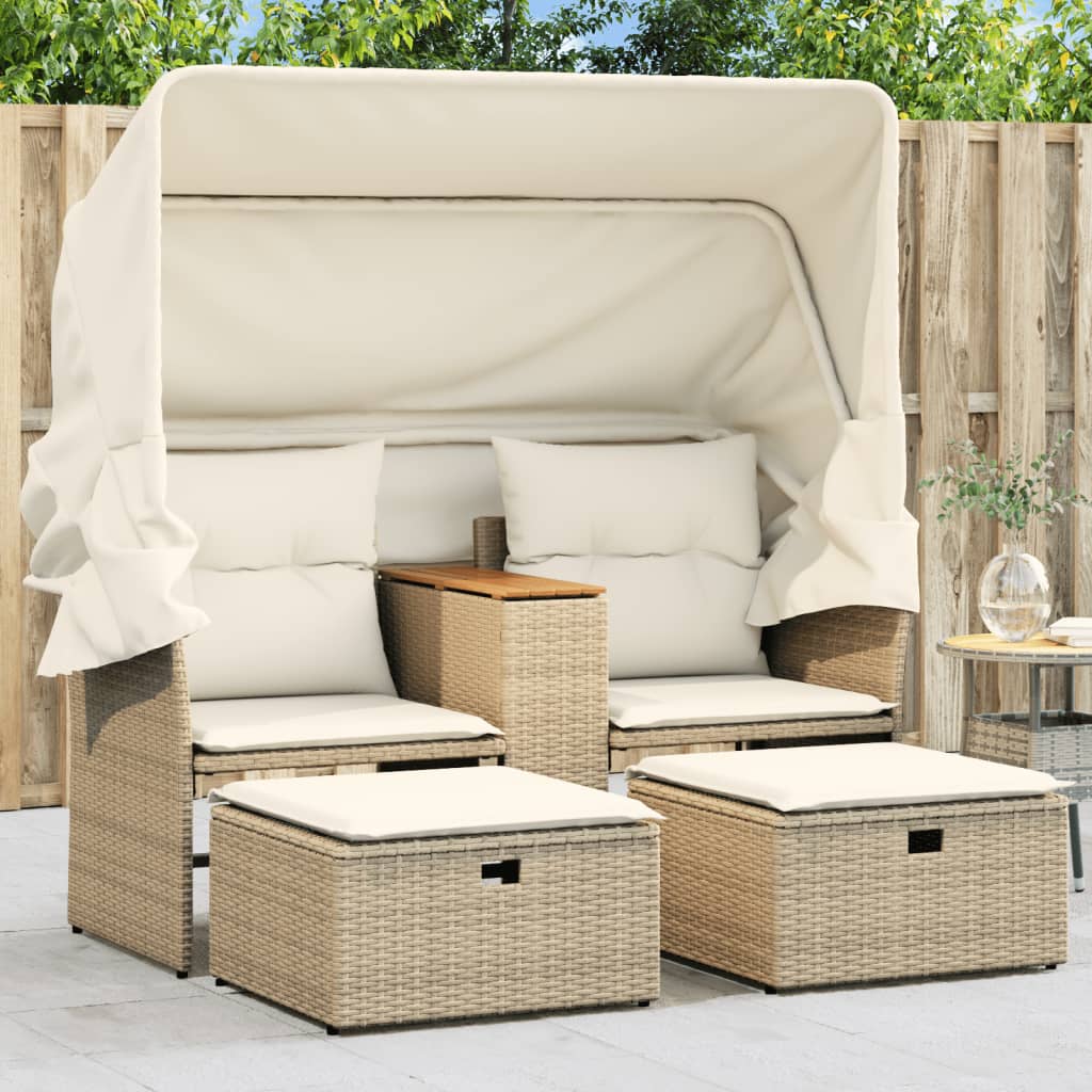 Gartensofa 2-Sitzer mit Dach und Hockern Beige Poly Rattan Gartensofa 2-Sitzer mit Dach und Hockern Beige Poly Rattan