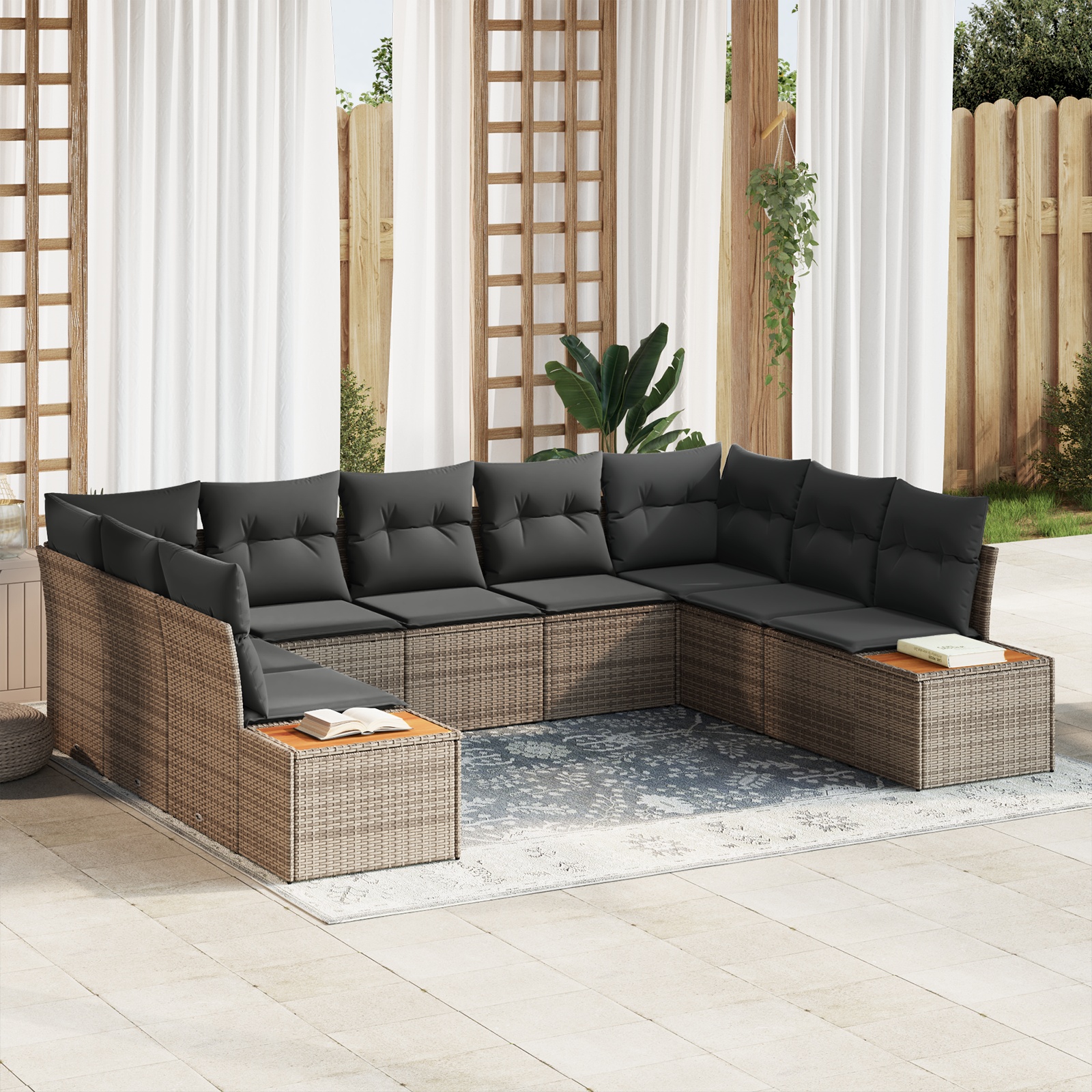 5-teiliges Garten-Sofa-Set mit Kissen Grau Poly Rattan Akazie 5-teiliges Garten-Sofa-Set mit Kissen Grau Poly Rattan Akazie