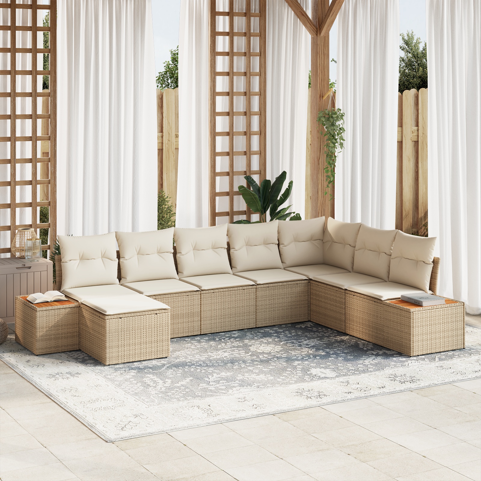8-teiliges Garten Sofa Set mit Kissen Beige Poly Rattan Akazie 8-teiliges Garten Sofa Set mit Kissen Beige Poly Rattan Akazie