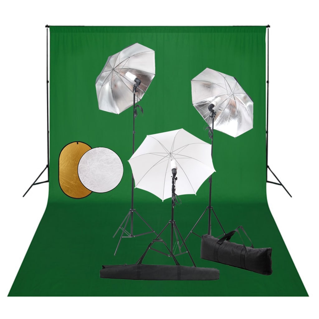 Fotostudio-Set mit Lampen, Schirmen, Hintergrund & Reflektor Fotostudio-Set mit Lampen, Schirmen, Hintergrund & Reflektor