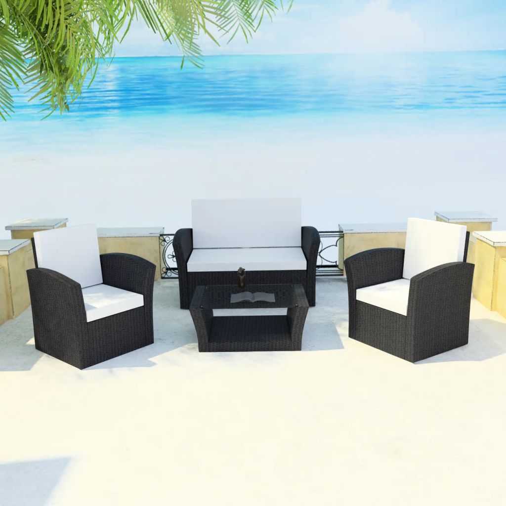4-tlg. Garten-Lounge-Set mit Kissen Poly Rattan Schwarz 4-tlg. Garten-Lounge-Set mit Kissen Poly Rattan Schwarz