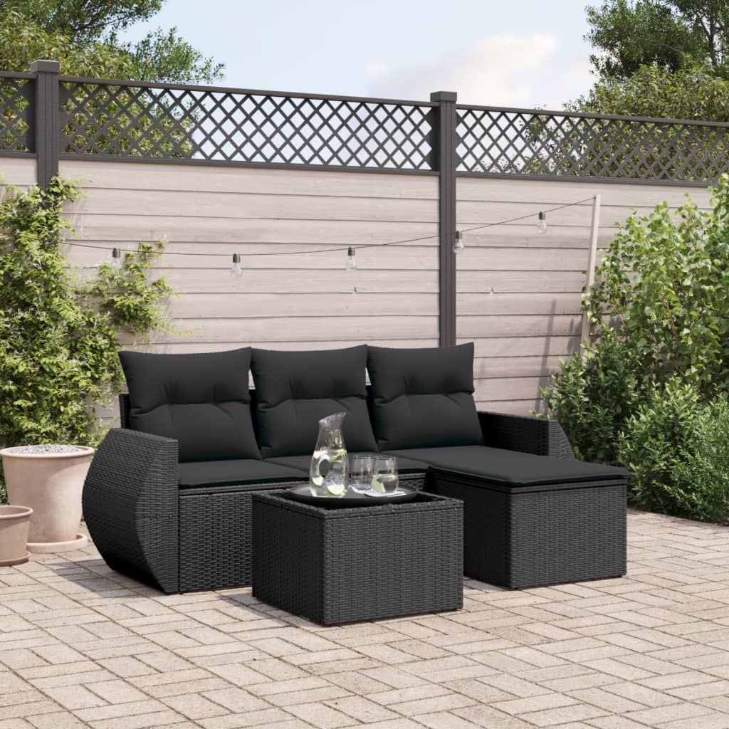 5-tlg. Garten-Sofagarnitur mit Kissen Schwarz Poly Rattan 5-tlg. Garten-Sofagarnitur mit Kissen Schwarz Poly Rattan