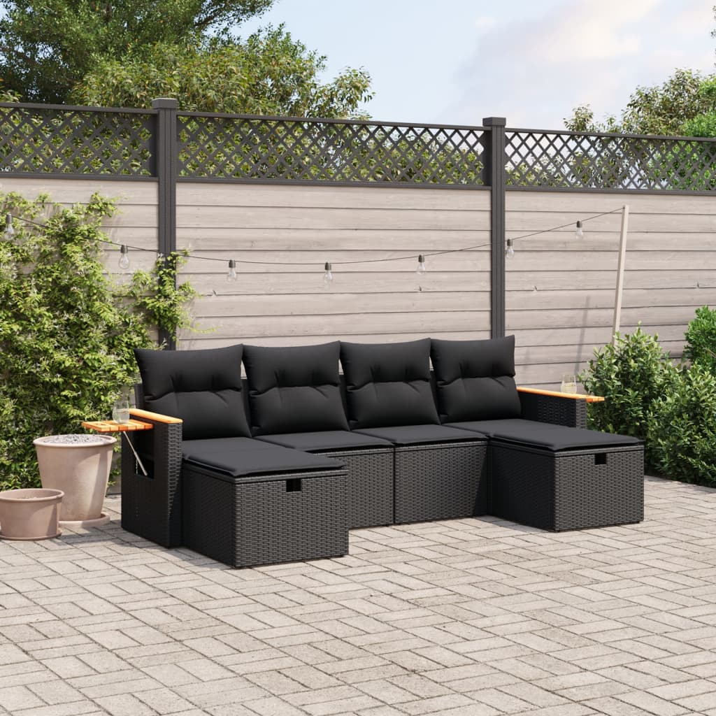 6-tlg. Garten-Sofagarnitur mit Kissen Schwarz Poly Rattan 6-tlg. Garten-Sofagarnitur mit Kissen Schwarz Poly Rattan