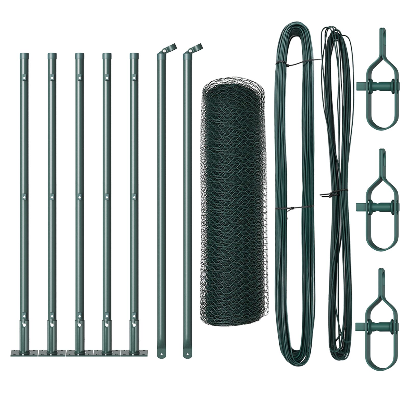 Sechseckzaun Grün 0,5x10 m Stahl, Zaunpfosten mit Sockelplatten 7 Stück Ø32mm 70cm verzinkter Stahl