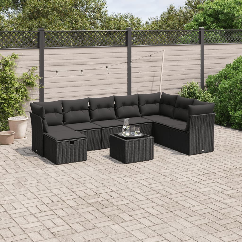 9-tlg. Garten-Sofagarnitur mit Kissen Schwarz Poly Rattan 9-tlg. Garten-Sofagarnitur mit Kissen Schwarz Poly Rattan