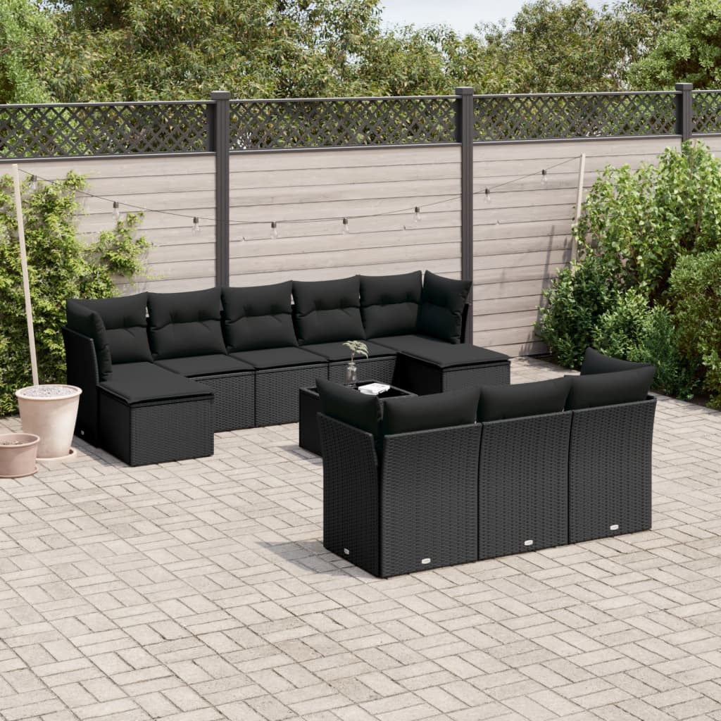 11-tlg. Garten-Sofagarnitur mit Kissen Schwarz Poly Rattan 11-tlg. Garten-Sofagarnitur mit Kissen Schwarz Poly Rattan