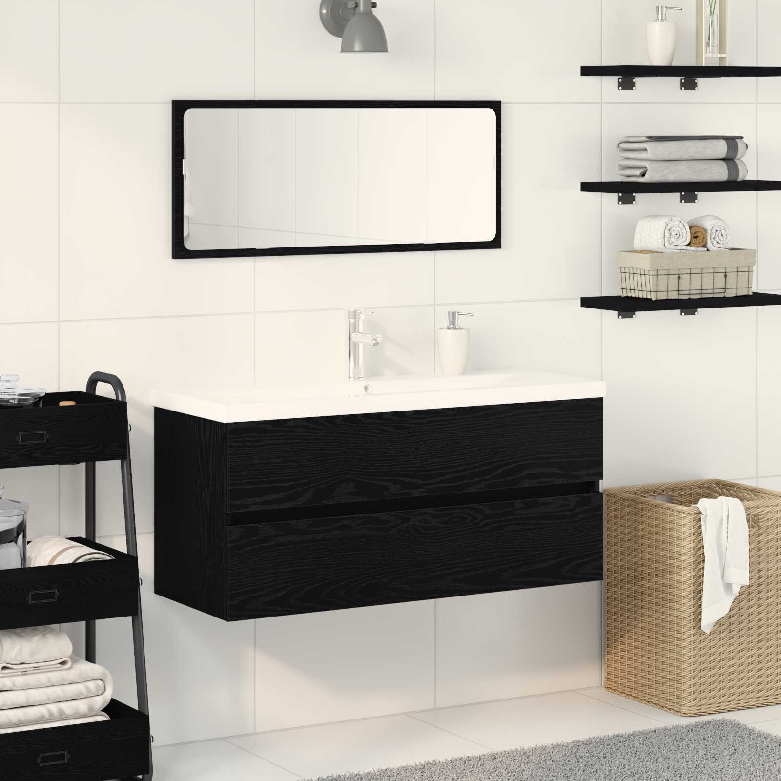 Waschbeckenunterschrank mit integriertem Becken in Schwarz Eiche Holzwerkstoff Waschbeckenunterschrank mit integriertem Becken in Schwarz Eiche Holzwerkstoff