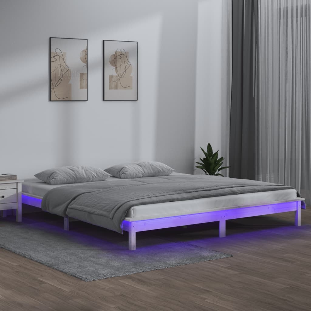 Massivholzbett mit LEDs Weiß 140x200 cm Massivholzbett mit LEDs Weiß 140x200 cm