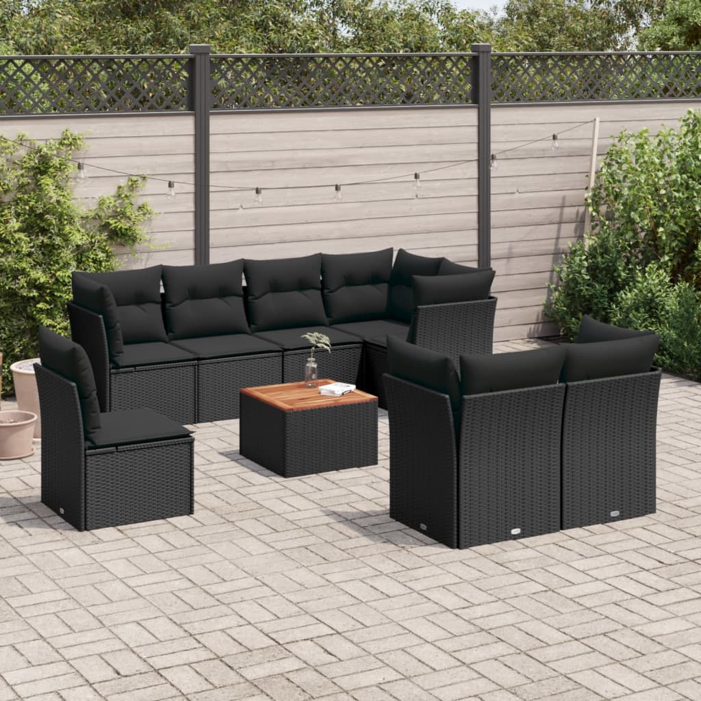 9-tlg. Garten-Sofagarnitur mit Kissen Schwarz Poly Rattan 9-tlg. Garten-Sofagarnitur mit Kissen Schwarz Poly Rattan