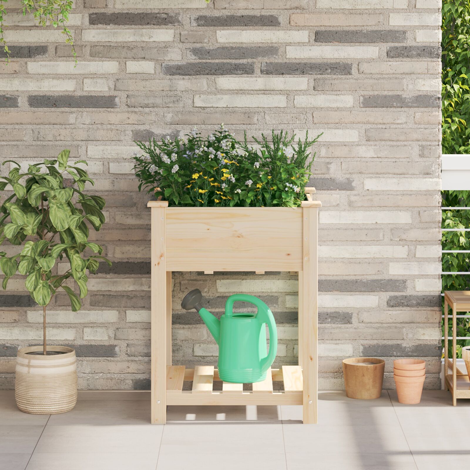 Gartenpflanzer mit Regal 60x60x76 cm aus massivem Kiefernholz