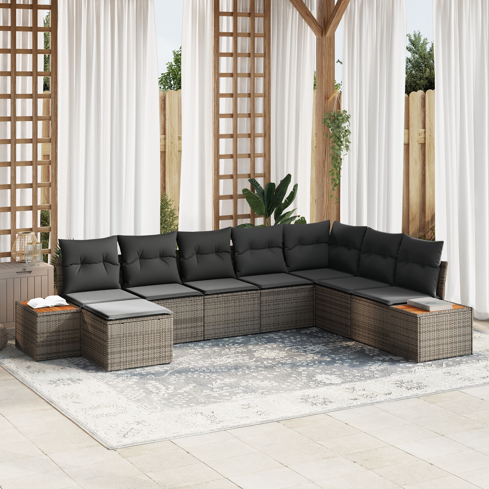 8-teiliges Garten Sofa-Set mit Kissen Grau Poly Rattan Akazie 8-teiliges Garten Sofa-Set mit Kissen Grau Poly Rattan Akazie