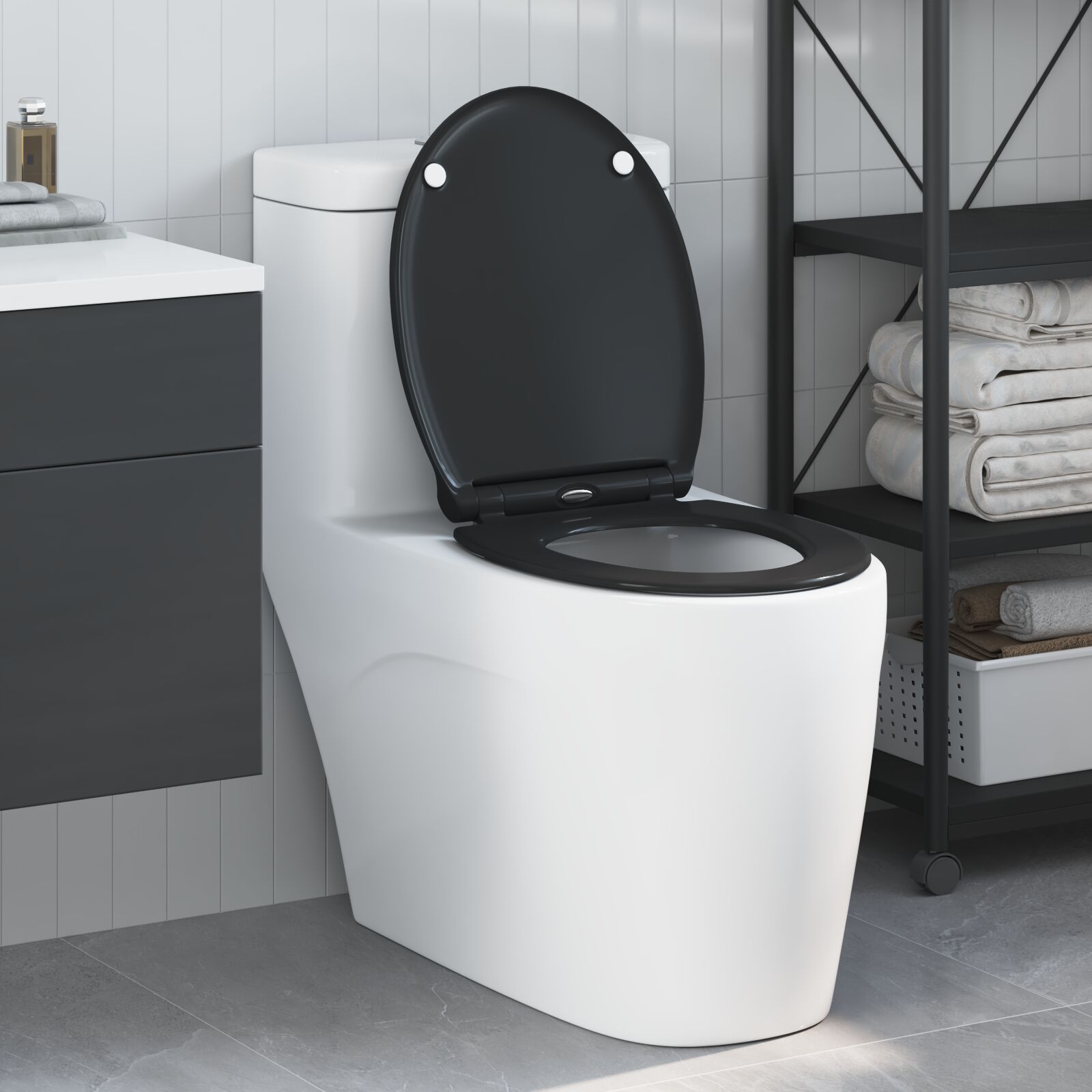 Toilettensitz mit Schnellverschluss und sanftem Schließen aus Duroplast Schwarz Toilettensitz mit Schnellverschluss und sanftem Schließen aus Duroplast Schwarz