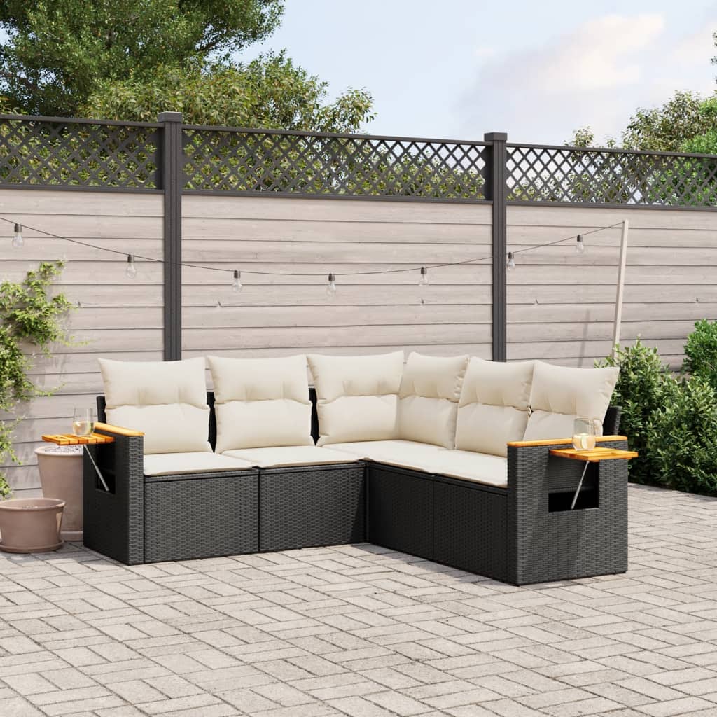 5-tlg. Garten-Sofagarnitur mit Kissen Schwarz Poly Rattan 5-tlg. Garten-Sofagarnitur mit Kissen Schwarz Poly Rattan