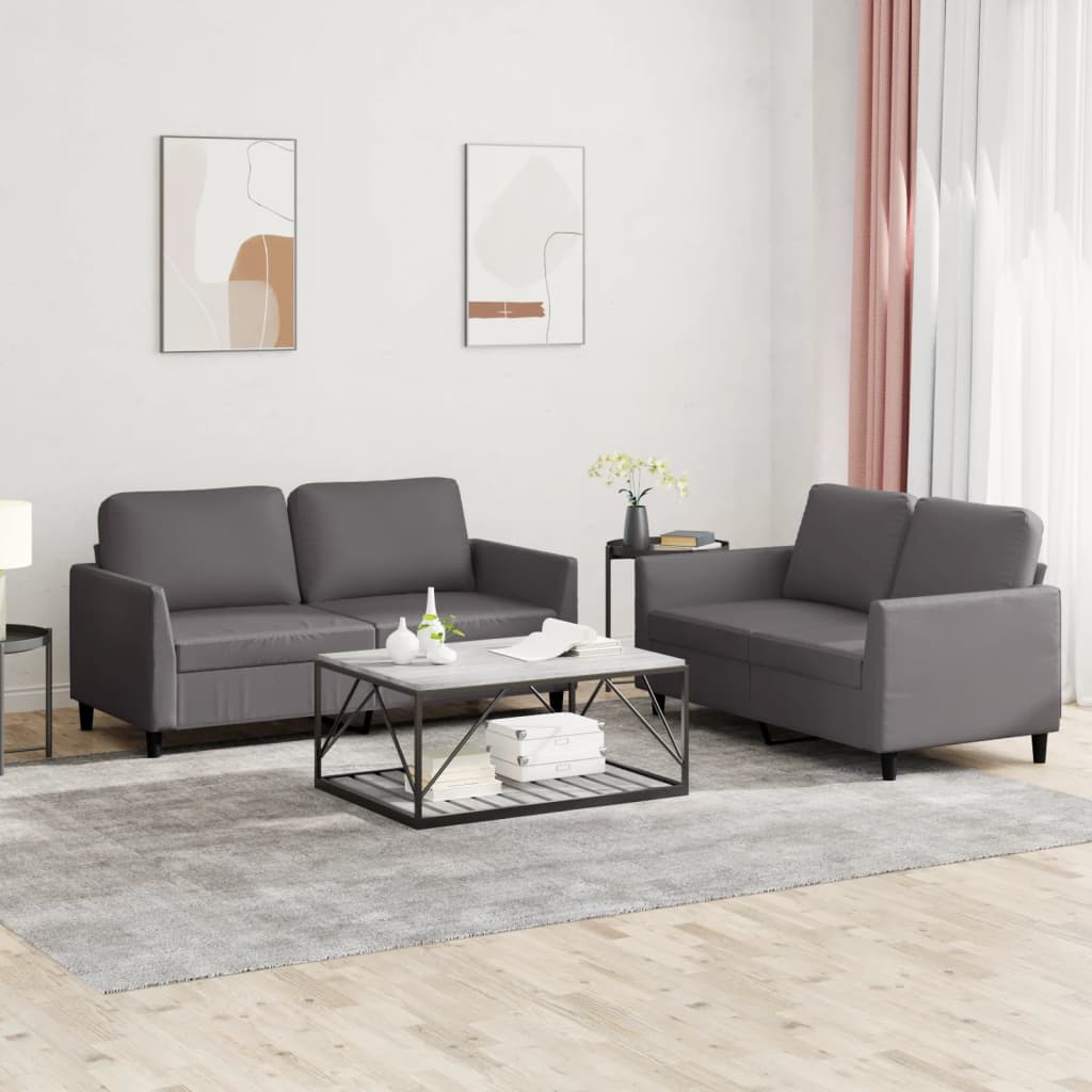 2-tlg. Sofagarnitur mit Kissen Grau Kunstleder 2-tlg. Sofagarnitur mit Kissen Grau Kunstleder
