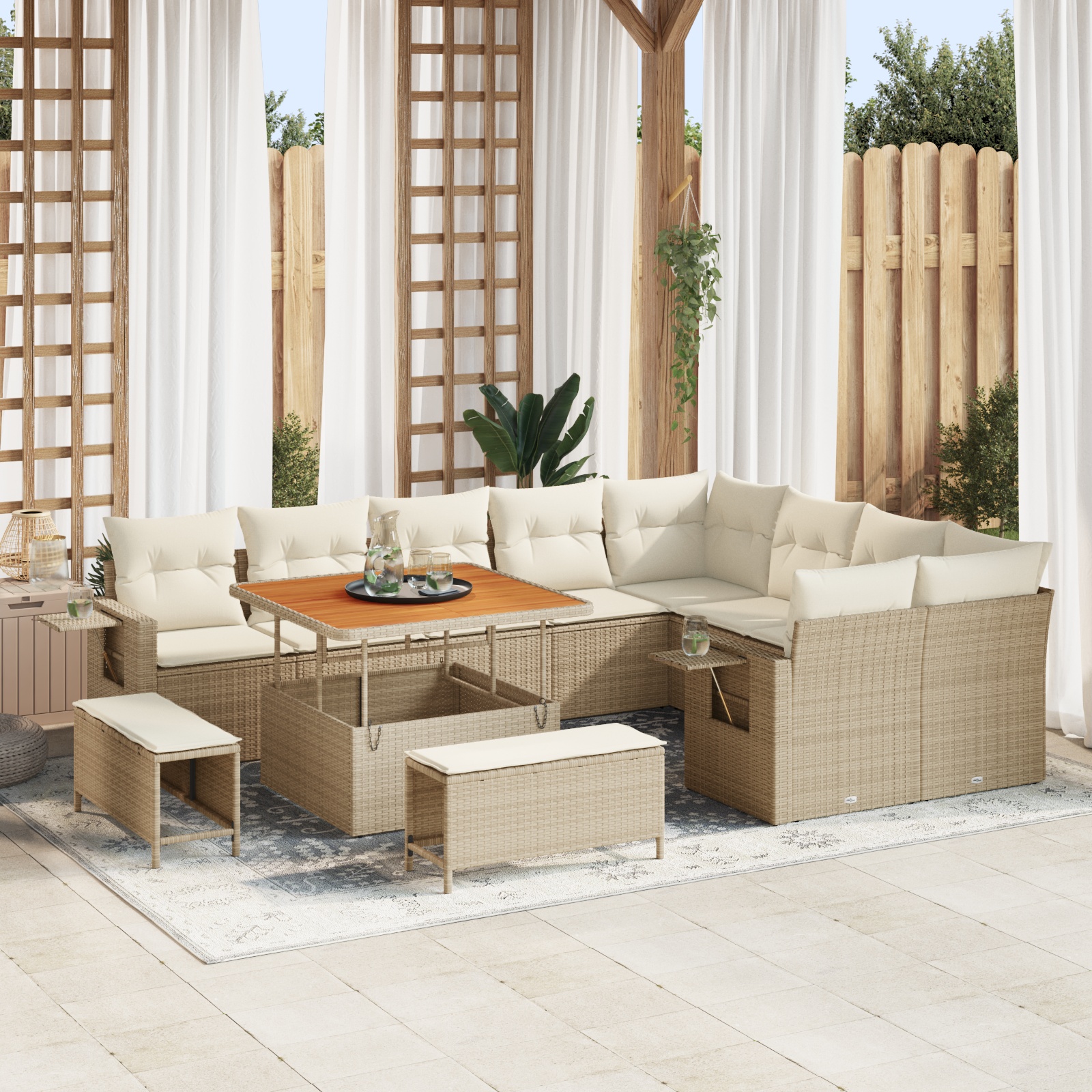 12-teiliges Garten-Sofa-Set mit Kissen Beige Poly-Rattan Akazie 12-teiliges Garten-Sofa-Set mit Kissen Beige Poly-Rattan Akazie
