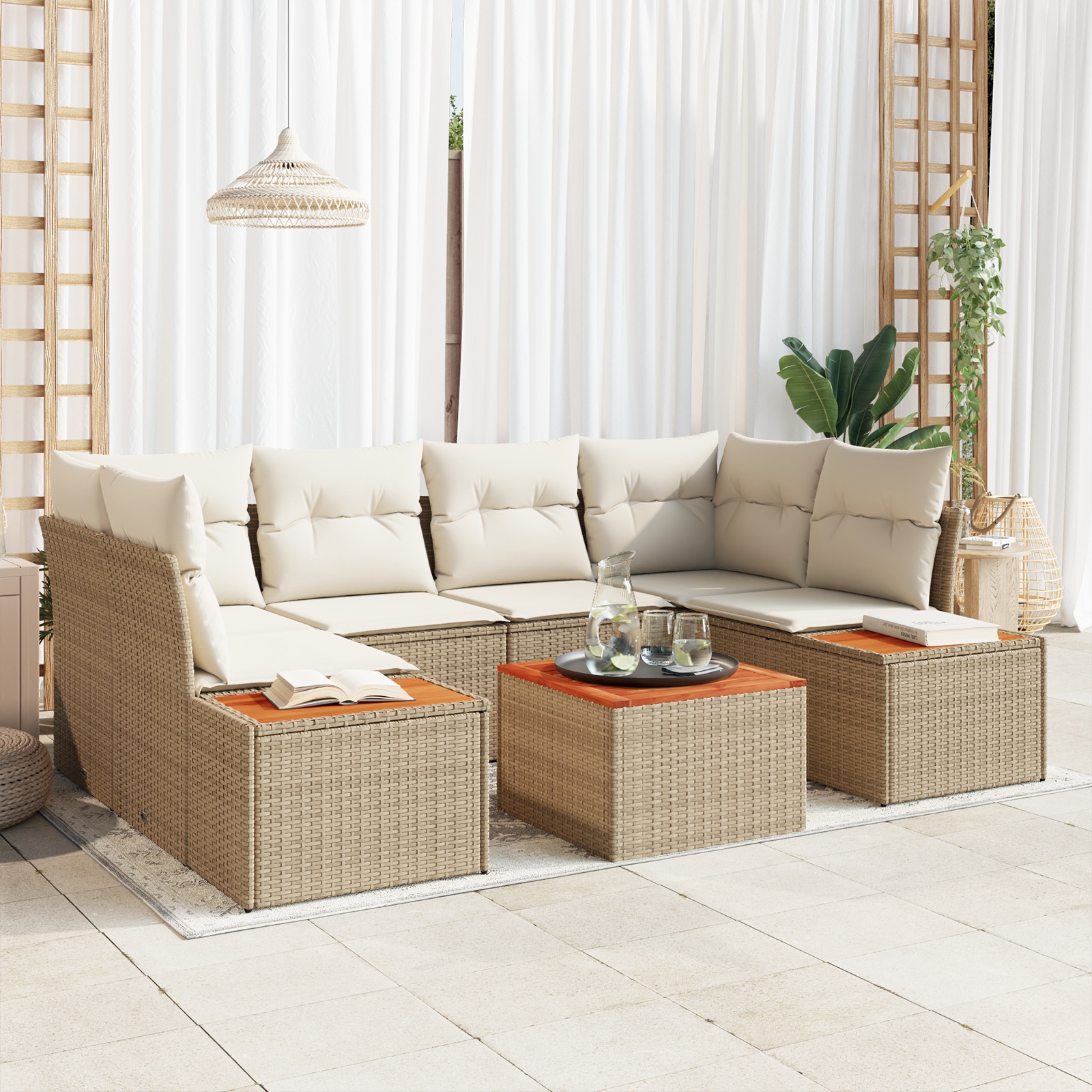 6-teiliges Garten Sofa Set mit Kissen Beige Poly Rattan Akazie 6-teiliges Garten Sofa Set mit Kissen Beige Poly Rattan Akazie