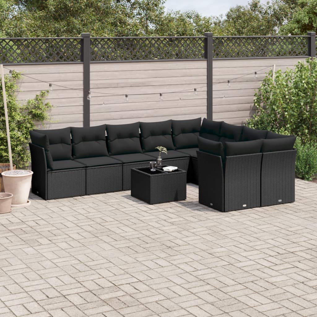 10-tlg. Garten-Sofagarnitur mit Kissen Schwarz Poly Rattan 10-tlg. Garten-Sofagarnitur mit Kissen Schwarz Poly Rattan