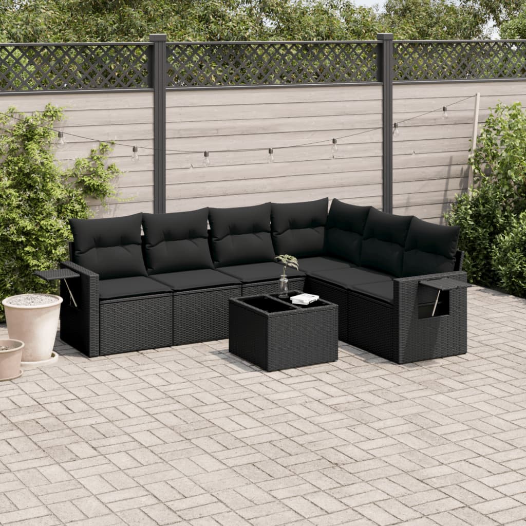 7-tlg. Garten-Sofagarnitur mit Kissen Schwarz Poly Rattan 7-tlg. Garten-Sofagarnitur mit Kissen Schwarz Poly Rattan