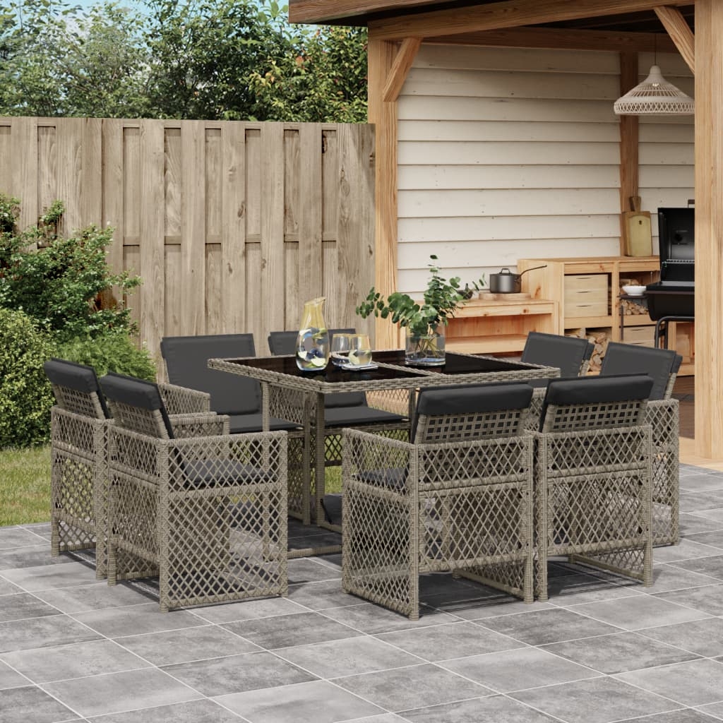 9-tlg. Garten-Essgruppe mit Kissen Grau Poly Rattan 9-tlg. Garten-Essgruppe mit Kissen Grau Poly Rattan