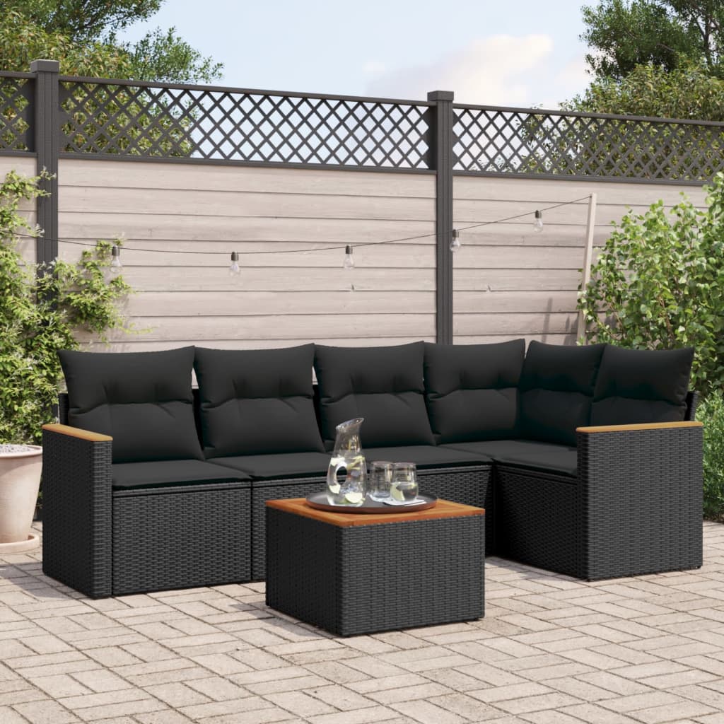 6-tlg. Garten-Sofagarnitur mit Kissen Schwarz Poly Rattan 6-tlg. Garten-Sofagarnitur mit Kissen Schwarz Poly Rattan