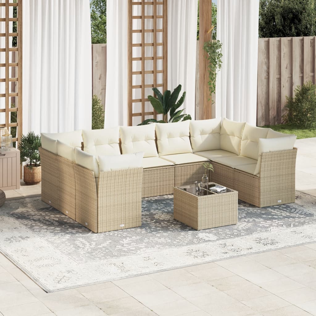 10-tlg. Garten-Sofagarnitur mit Kissen Beige Poly Rattan 10-tlg. Garten-Sofagarnitur mit Kissen Beige Poly Rattan