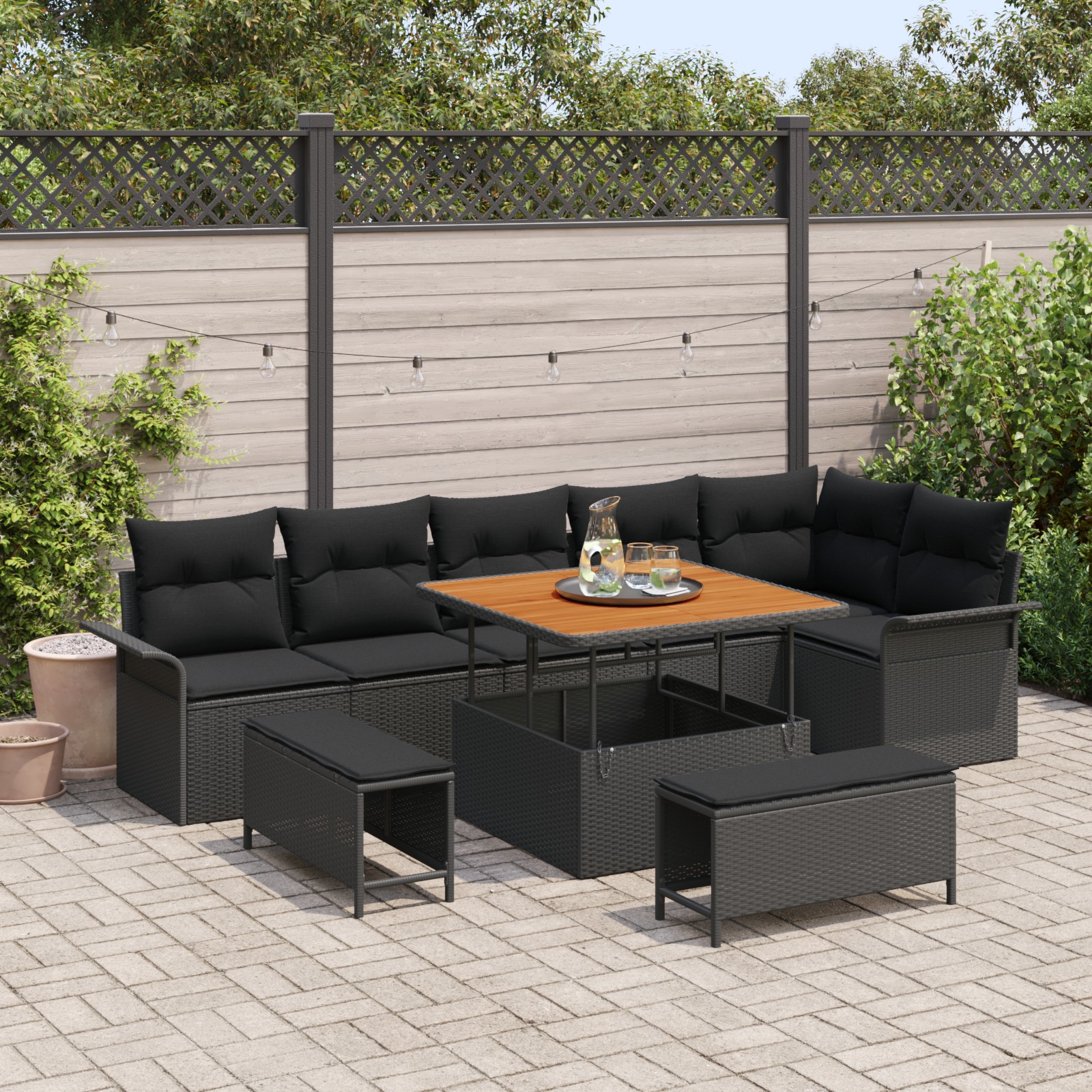 9-teiliges Garten-Sofaset mit Kissen schwarzes Poly-Rattan Akazie 9-teiliges Garten-Sofaset mit Kissen schwarzes Poly-Rattan Akazie