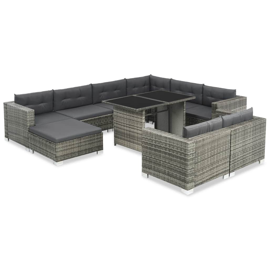 10-tlg. Garten-Lounge-Set mit Auflagen Poly Rattan Grau 10-tlg. Garten-Lounge-Set mit Auflagen Poly Rattan Grau