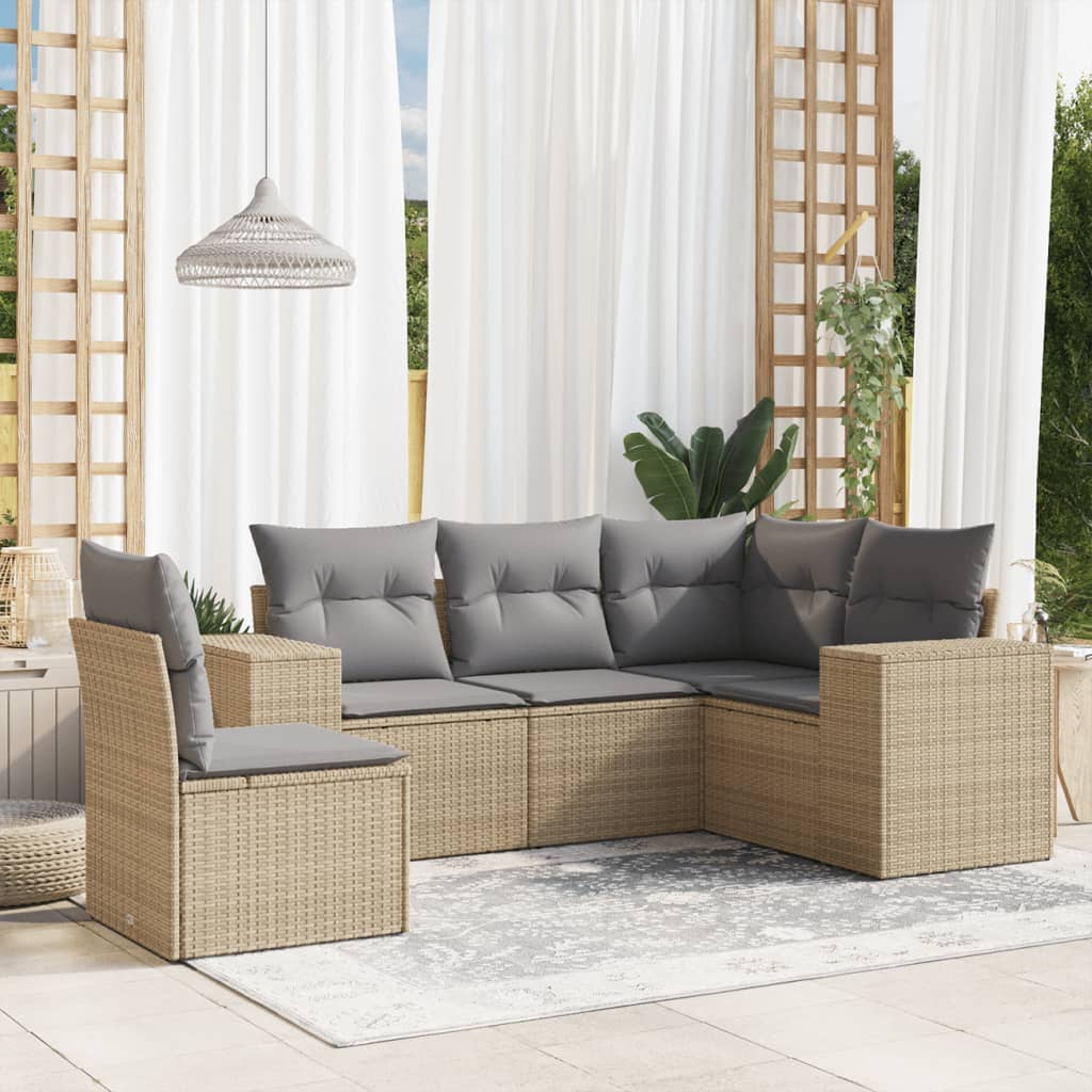 5-tlg. Garten-Sofagarnitur mit Kissen Beige Poly Rattan 5-tlg. Garten-Sofagarnitur mit Kissen Beige Poly Rattan