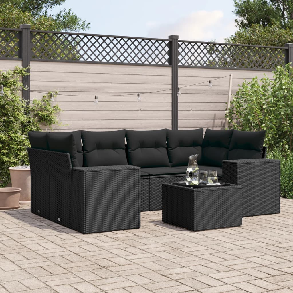 7-tlg. Garten-Sofagarnitur mit Kissen Schwarz Poly Rattan 7-tlg. Garten-Sofagarnitur mit Kissen Schwarz Poly Rattan