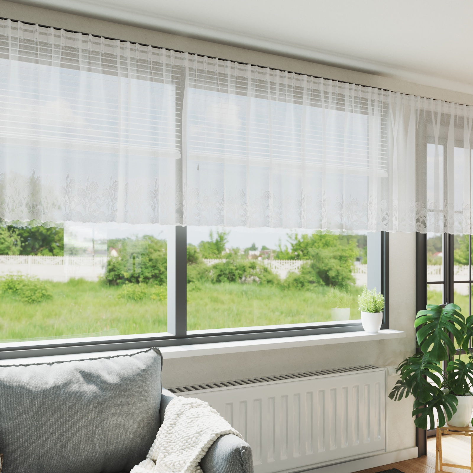 Spitzenvorhang mit Vorhängen Floral Weiß 900 x 120 cm Polyester
