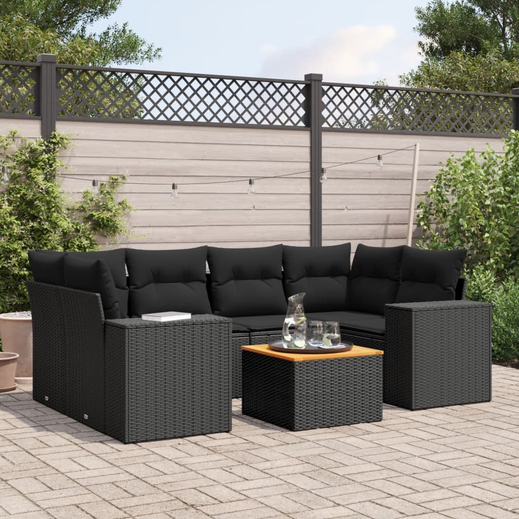 7-tlg. Garten-Sofagarnitur mit Kissen Schwarz Poly Rattan 7-tlg. Garten-Sofagarnitur mit Kissen Schwarz Poly Rattan