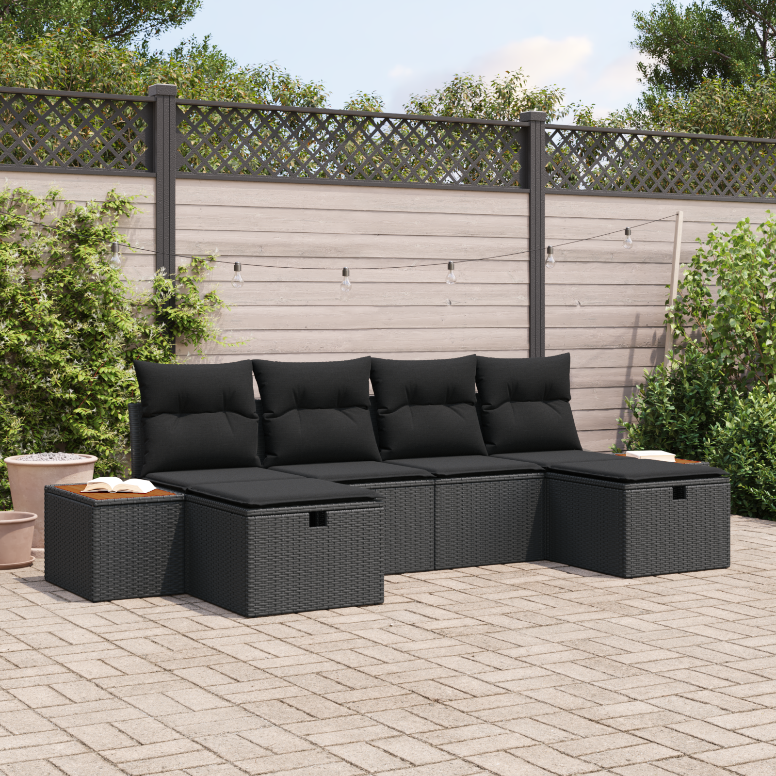 6-teiliges Garten Sofa Set mit Kissen Schwarz Poly Rattan 6-teiliges Garten Sofa Set mit Kissen Schwarz Poly Rattan