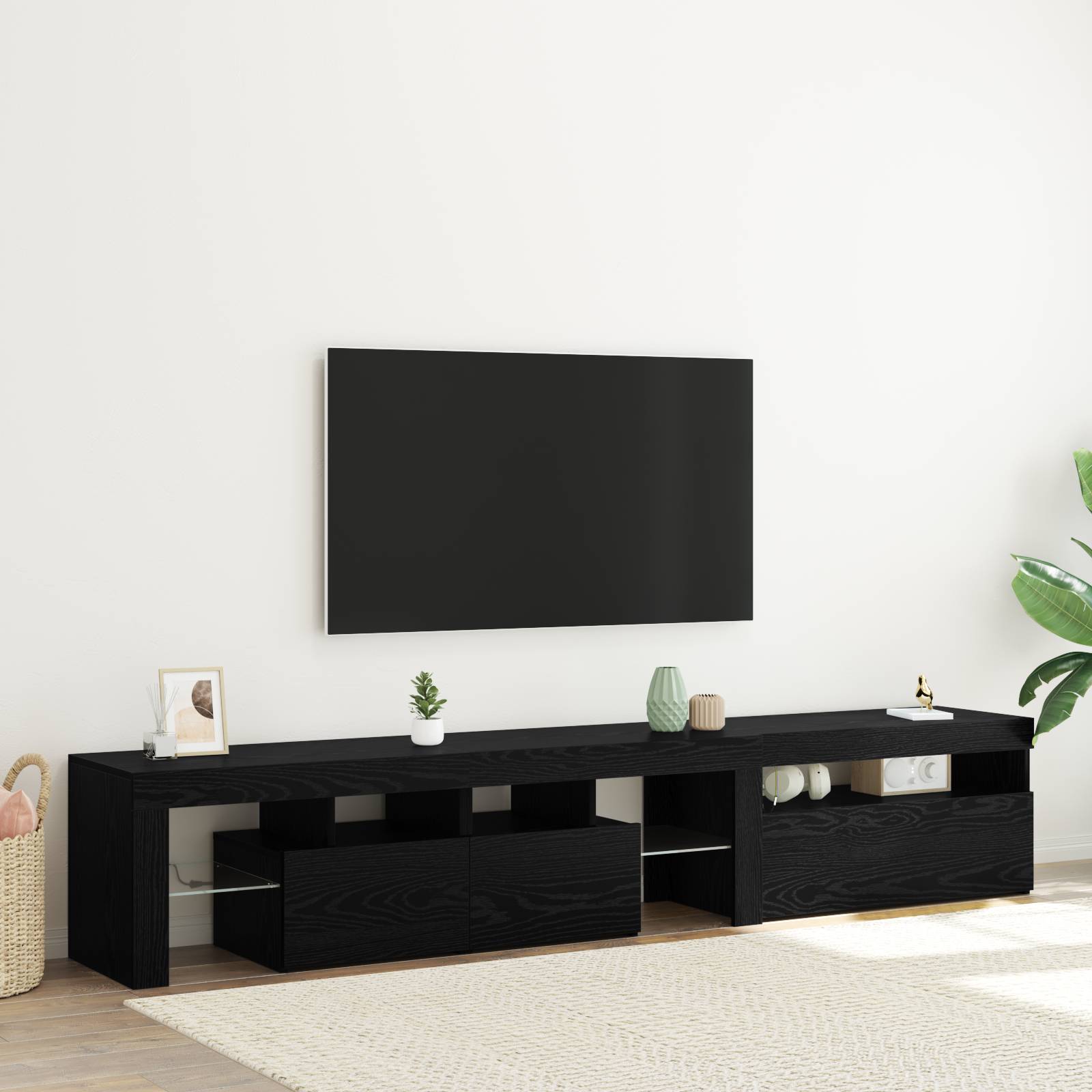 TV-Schränke 2 Stück mit LED-Leuchten in schwarzer Eiche aus Holzwerkstoff TV-Schränke 2 Stück mit LED-Leuchten in schwarzer Eiche aus Holzwerkstoff