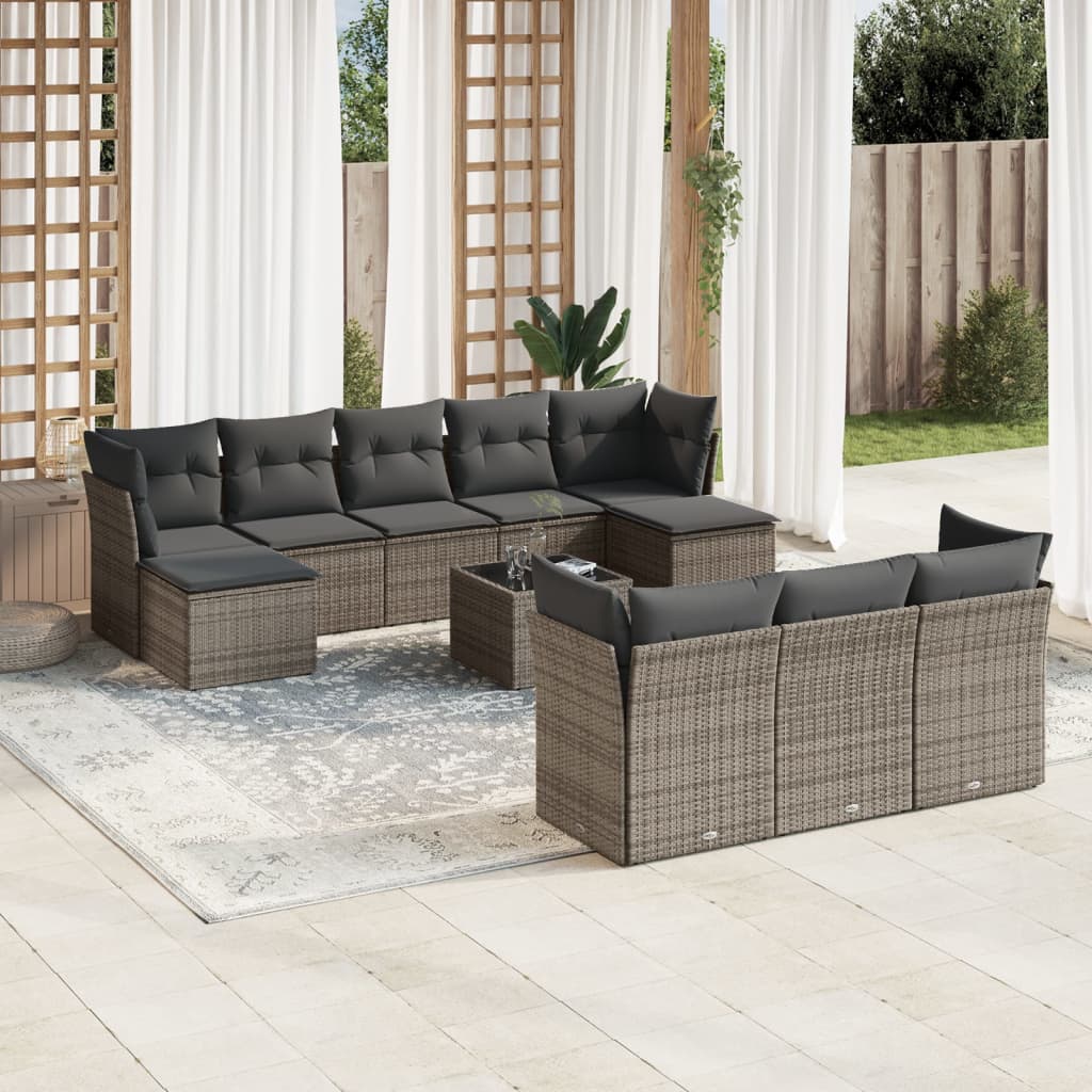 11-tlg. Garten-Sofagarnitur mit Kissen Grau Poly Rattan 11-tlg. Garten-Sofagarnitur mit Kissen Grau Poly Rattan