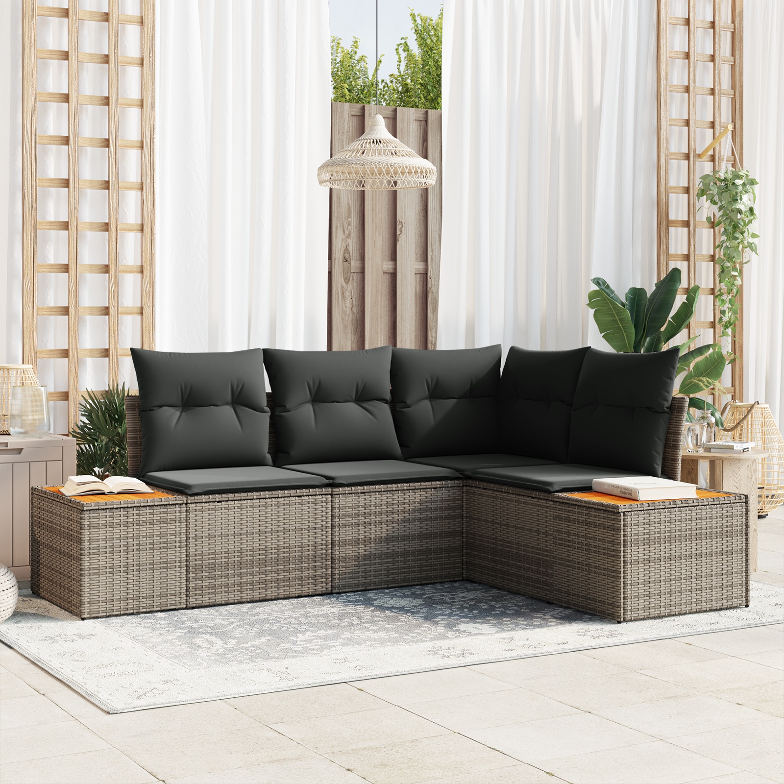 4-tlg. Garten-Sofagarnitur mit Kissen Grau Poly Rattan Akazie 4-tlg. Garten-Sofagarnitur mit Kissen Grau Poly Rattan Akazie