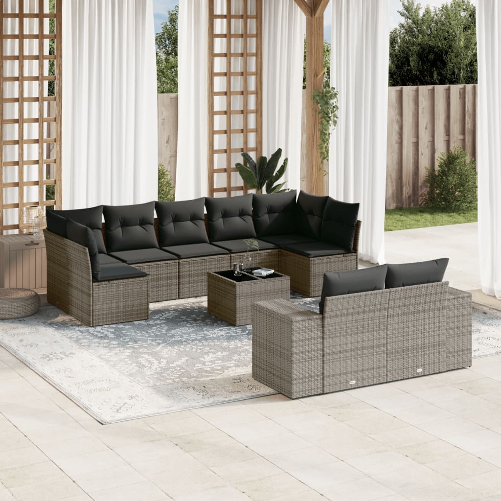 10-tlg. Garten-Sofagarnitur mit Kissen Grau Poly Rattan 10-tlg. Garten-Sofagarnitur mit Kissen Grau Poly Rattan