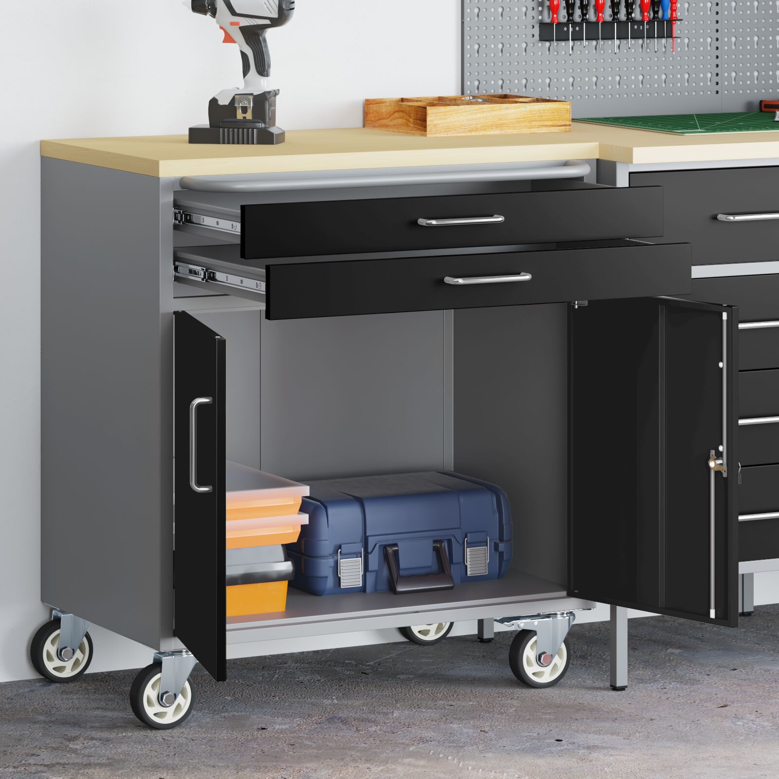 vidaXL Werkzeugschrank mit Rollen und Schloss Schwarz 75x45x85 cm Stahl vidaXL Werkzeugschrank mit Rollen und Schloss Schwarz 75x45x85 cm Stahl